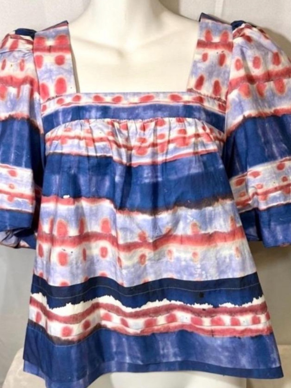 Marie Oliver Square neck Puff-Sleeve blouse in Red, Blue & white tie dye Small